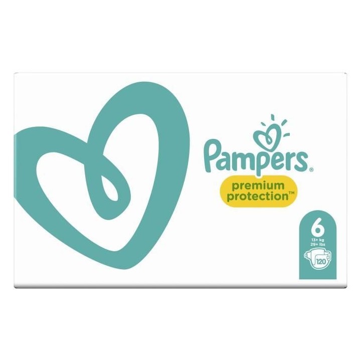 PAMPERS Premium Protection Taille 6 15+ kg - 120 Couches, Pack 1 Mois