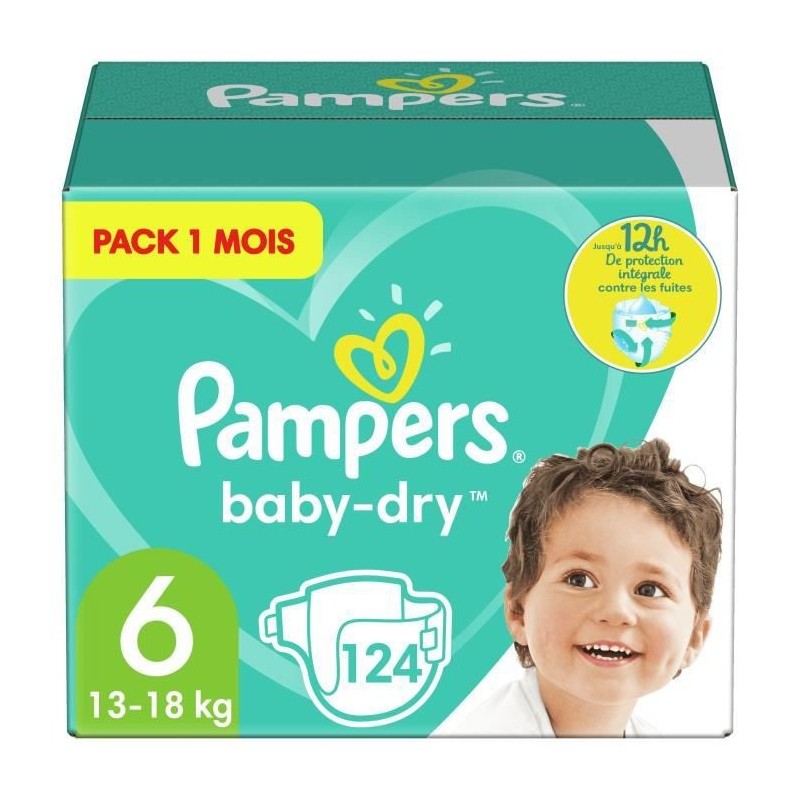 PAMPERS Baby Dry Taille 6 - des 15 kg - 124 couches - Format pack 1 mois