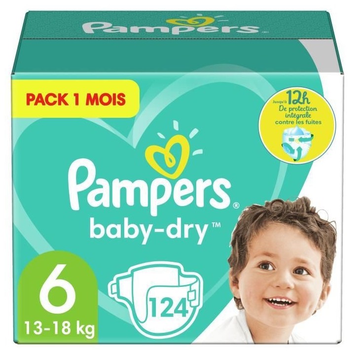 PAMPERS Baby Dry Taille 6 - des 15 kg - 124 couches - Format pack 1 mo