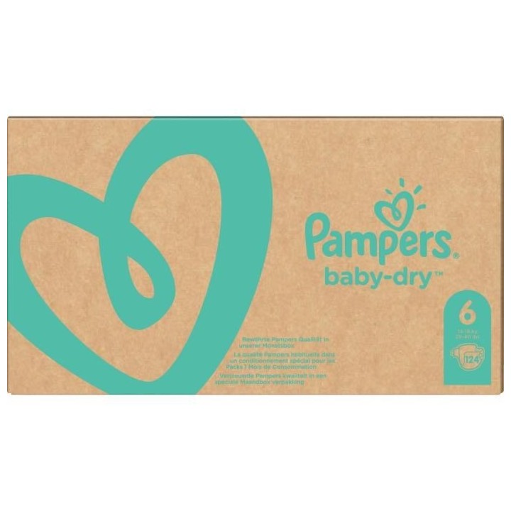 PAMPERS Baby Dry Taille 6 - des 15 kg - 124 couches - Format pack 1 mo