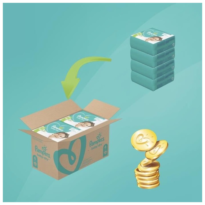 PAMPERS Baby Dry Taille 6 - des 15 kg - 124 couches - Format pack 1 mo