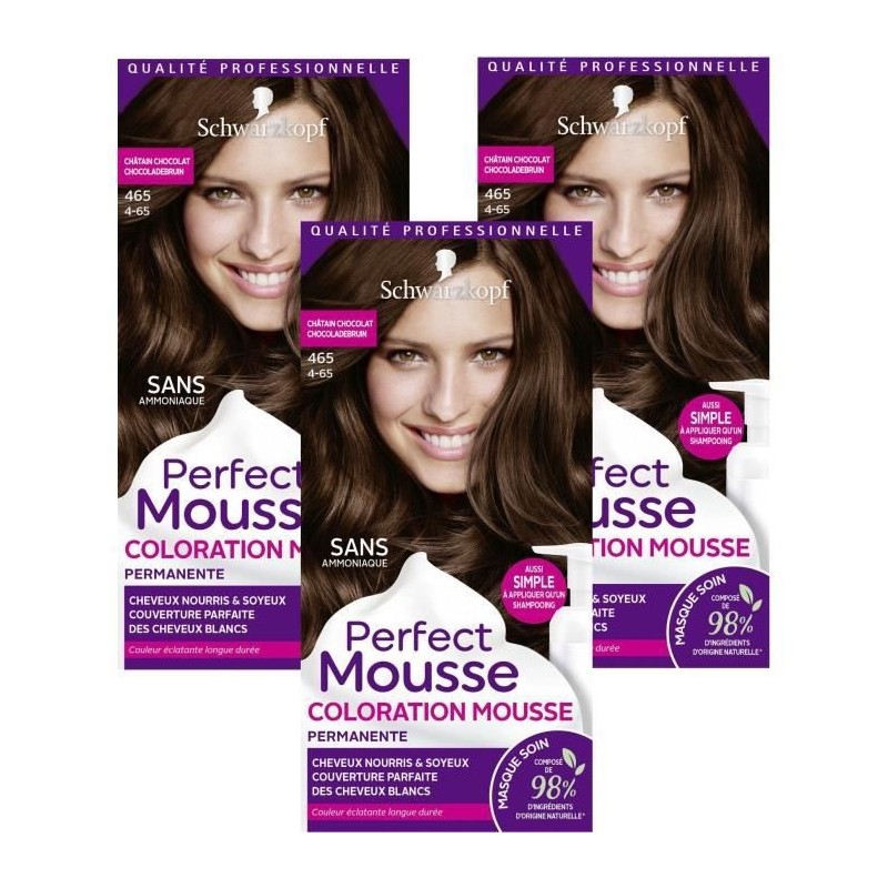 SCHWARZKOPF Perfect Mousse - Coloration Cheveux - Mousse permanente sans Ammoniaque - Châtain Chocolat 465 - Lot de 3