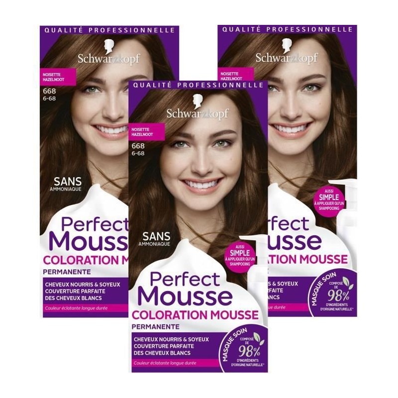 SCHWARZKOPF Perfect Mousse - Coloration Cheveux - Mousse permanente sans Ammoniaque - Noisette 668 - Lot de 3