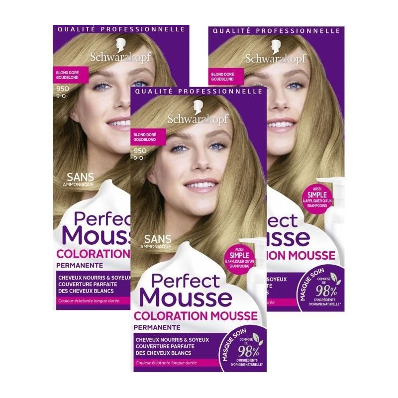 SCHWARZKOPF Perfect Mousse - Coloration Cheveux - Mousse permanente sans Ammoniaque - Blond Doré 950 - Lot de 3