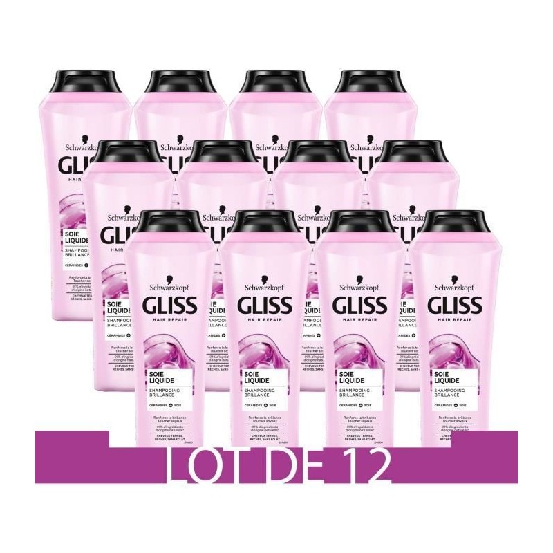 Shampooing Soie Liquide Gliss Schwarzkopf Cheveux ternes, reches, sans éclat 250ml Lot de 12