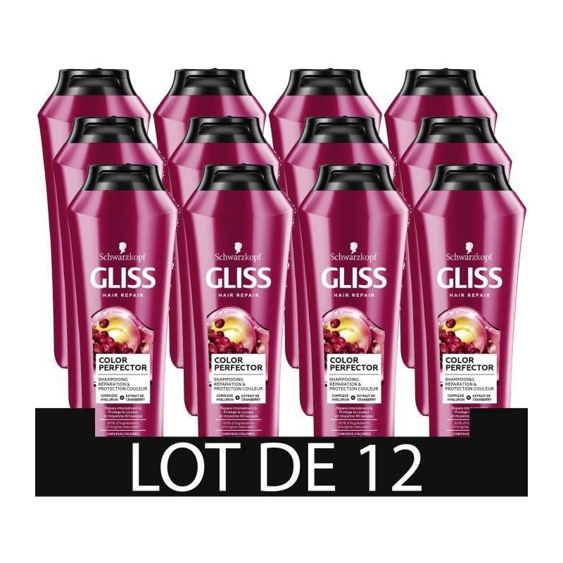 Shampooing Gliss Schwarzkopf Color Perfector Cheveux colorés/méchés 250ml Lot de 12