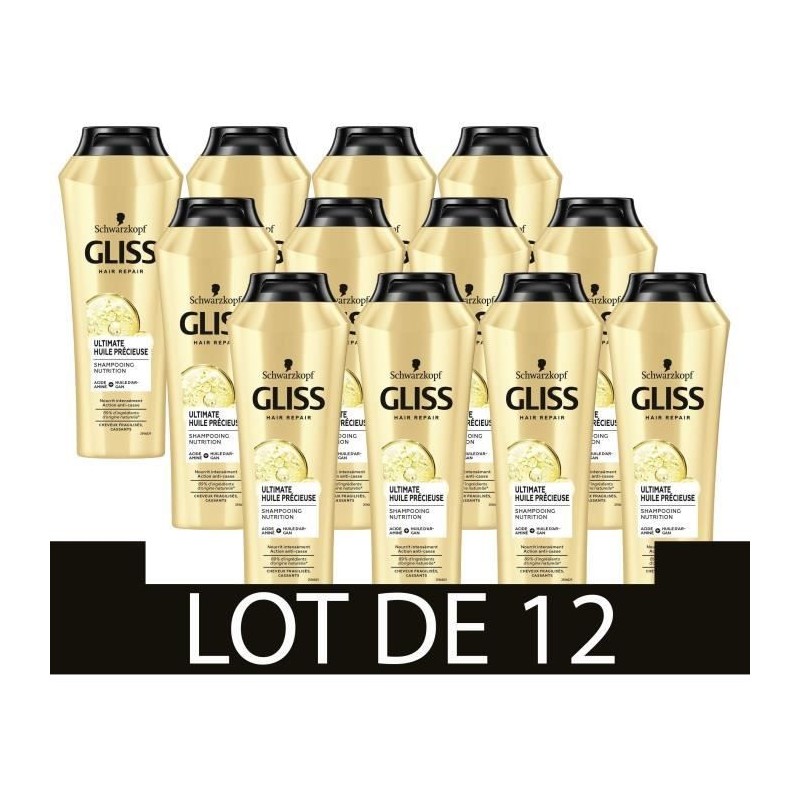 Shampooing Gliss Schwarzkopf Cheveux secs/tres abîmés Huile de Soin Précieuse 250 ml Lot de 12