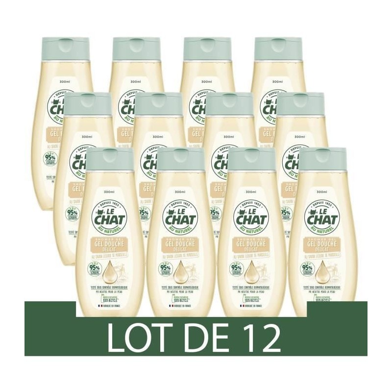 LE CHAT Gel douche Corps délicat - Au Savon Liquide de Marseille - 300 ml - Lot de 12