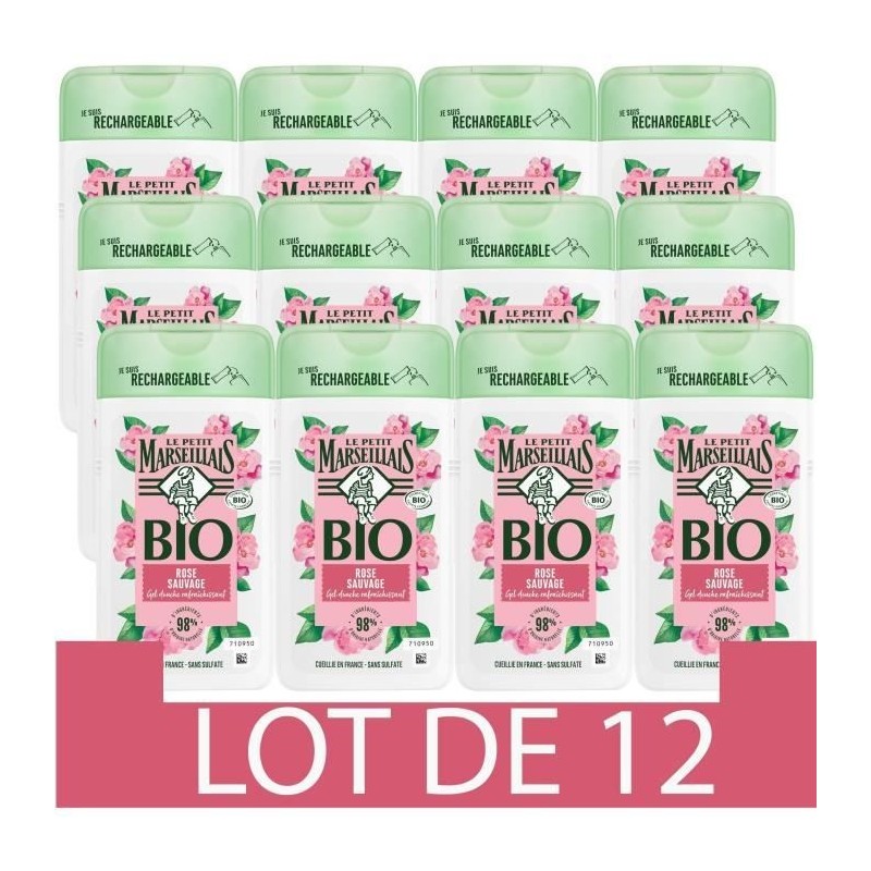 [Lot de 12] LE PETIT MARSEILLAIS Gel Douche Hydratant - Rose Sauvage - Bio - 250ml