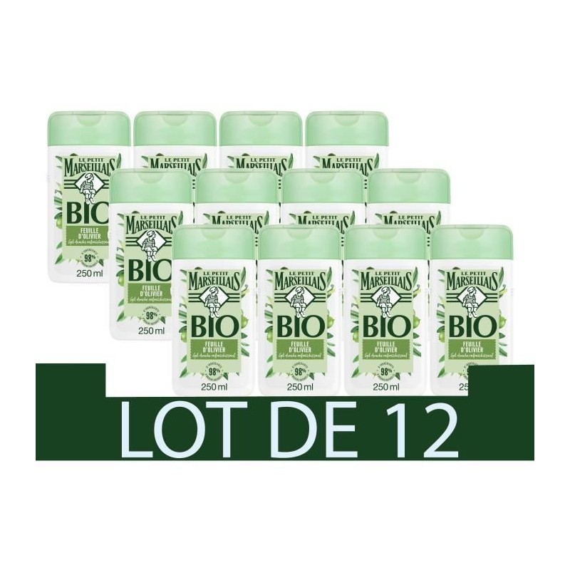 [Lot de 12] LE PETIT MARSEILLAIS Gel Douche Rafraichissant - Feuille Olivier - Bio - 250ml