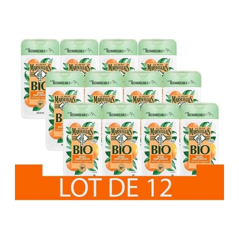 [Lot de 12] LE PETIT MARSEILLAIS Gel Douche Energisant - Orange Pamplemousse - Bio - 250ml