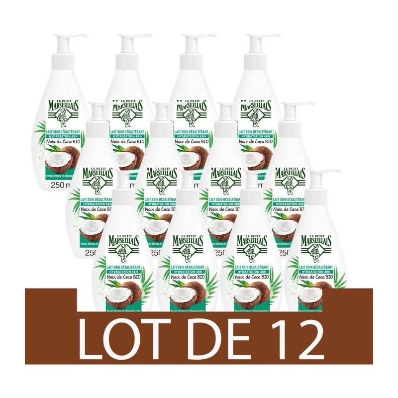 [Lot de 12] LE PETIT MARSEILLAIS Lait Soin Hydratant Desalterant - Noix Coco - Bio - 250ml