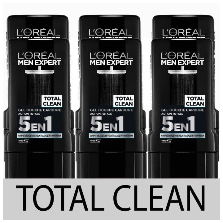Gel douche 5-en-1 Men Expert Pure Carbone L'OREAL PARIS - Homme - 6x 3