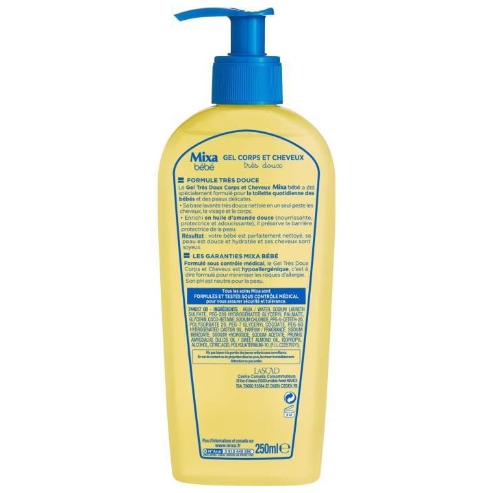 Gel Tres doux 2-en-1 MIXA BEBE - Corps et cheveux - 6x 250 ml