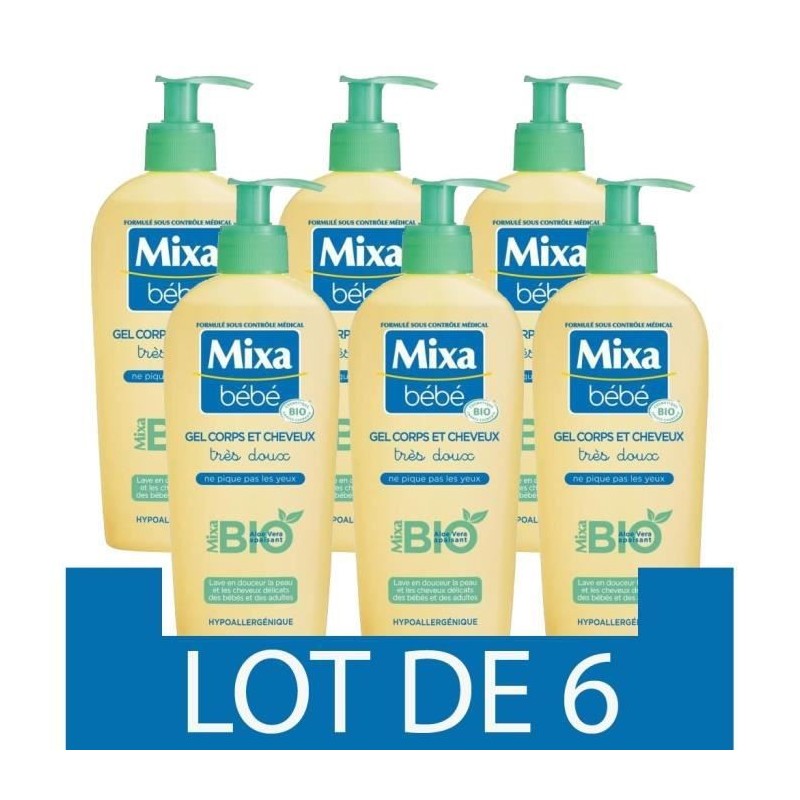 [Lot de 6] Gel Corps et Cheveux MIXA BEBE Tres Doux Bio 250 ml