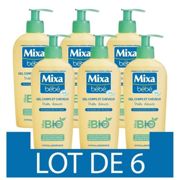 [Lot de 6] Gel Corps et Cheveux MIXA BEBE Tres Doux Bio 250 ml