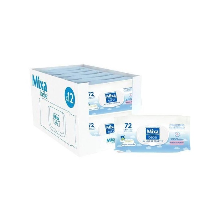 [Lot de 12] MIXA BEBE Lingettes au lait de toilette x72