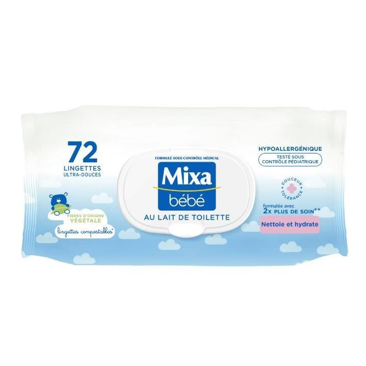 [Lot de 12] MIXA BEBE Lingettes au lait de toilette x72