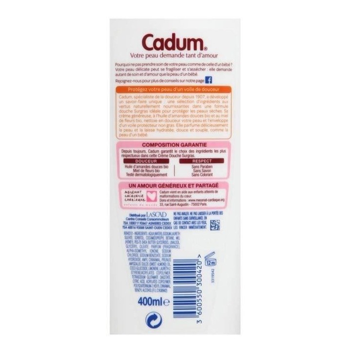 Creme de Douche Surgras Miel de Fleurs CADUM - 12x 400 ml