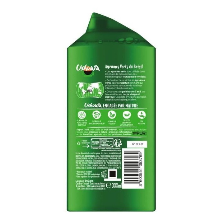 Douche 3-en-1 USHUAiA - Agrumes verts du Brésil - 12x 300 ml
