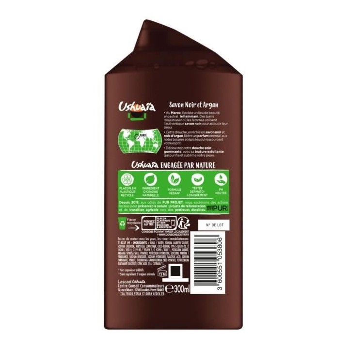 Gel douche USHUAIA Rituel Hammam Savon Noir & Argan - 300 ml x12