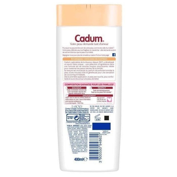 Douche Surgras Douceur de Lait Amandes Bio CADUM - 12x 400 ml