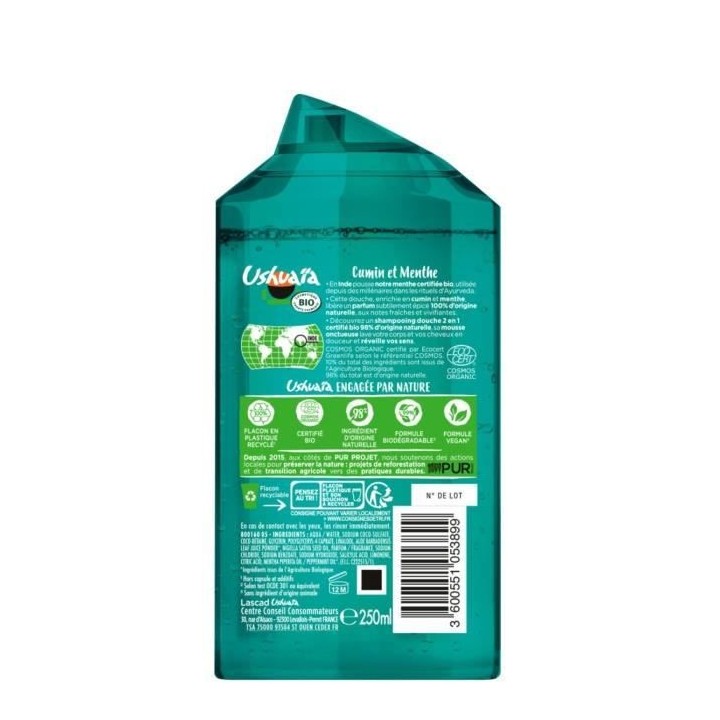 Shampooing Douche USHUAIA BIO Ayurveda Cumin Noir & Menthe - 12 x 250