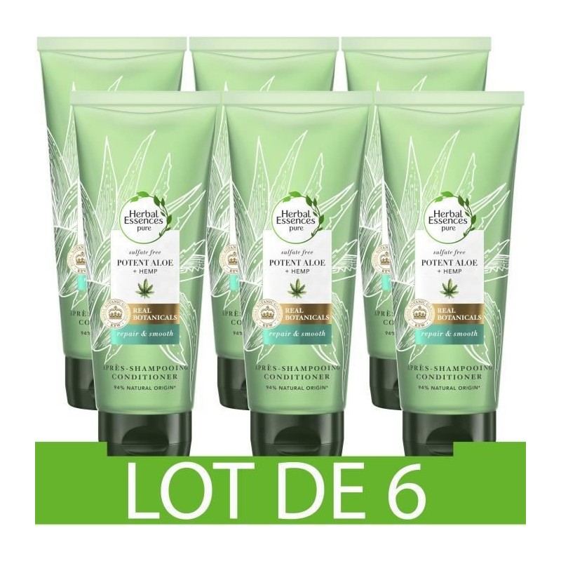 HERBAL ESSENCES Pure Apres Shampoing Aloe Et Chanvre - Sans Sulfates - 180 ml - Lot de 6