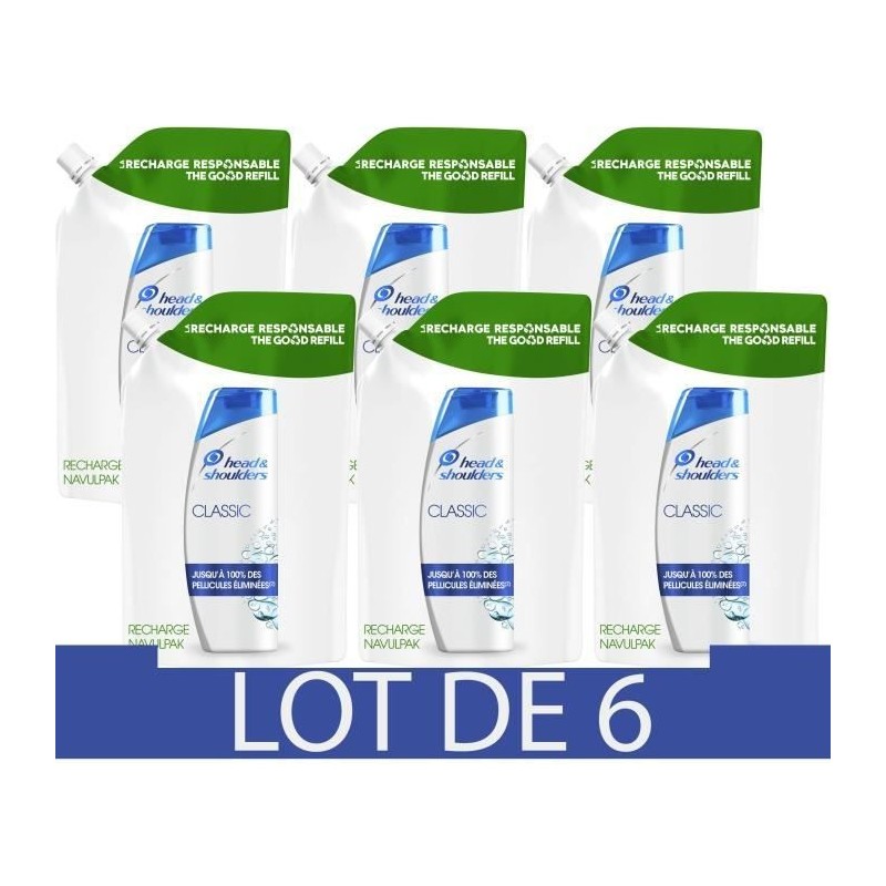 Shampoing Classic Head & Shoulders Cheveux secs Antipelliculaire Recharge 480 ml Lot de 6