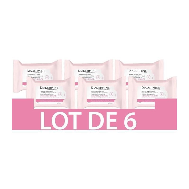 DIADERMINE Lingettes Démaquillantes Nettoyantes Hydratantes - Peaux seches et sensibles - 25 Lingettes - Lot de 6