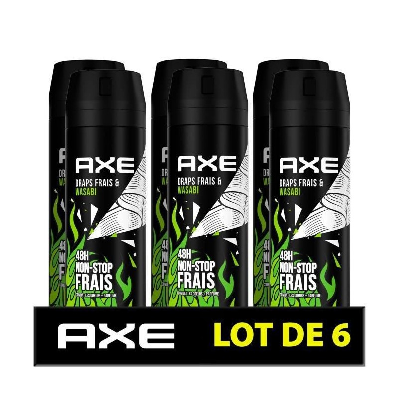 AXE Déodorant Homme Draps Frais & Wasabi Bodyspray - 48h de Fraîcheur Non-Stop - Antibactérien - Lot de 6 x 200 ml - 1,2 L