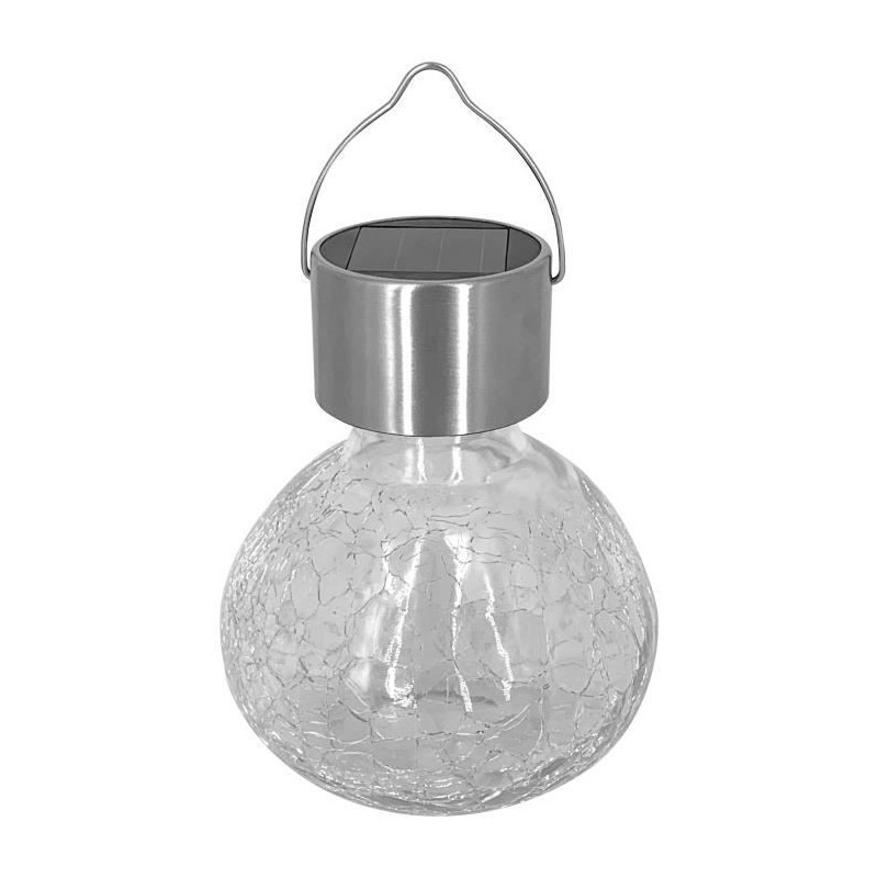 Lampion solaire Inox décoratif verre craquelé H 11 cm