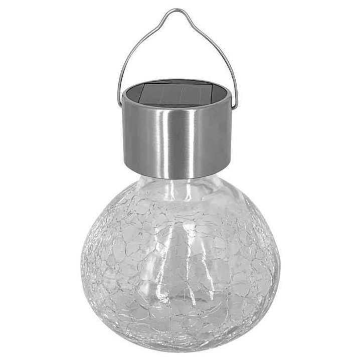 Lampion solaire Inox décoratif verre craquelé H 11 cm
