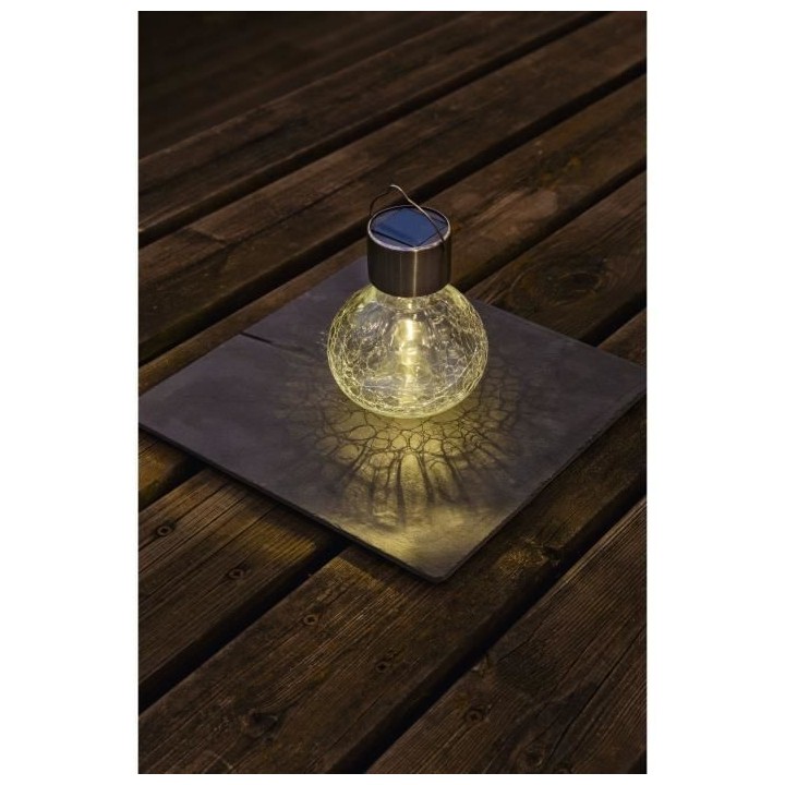 Lampion solaire Inox décoratif verre craquelé H 11 cm