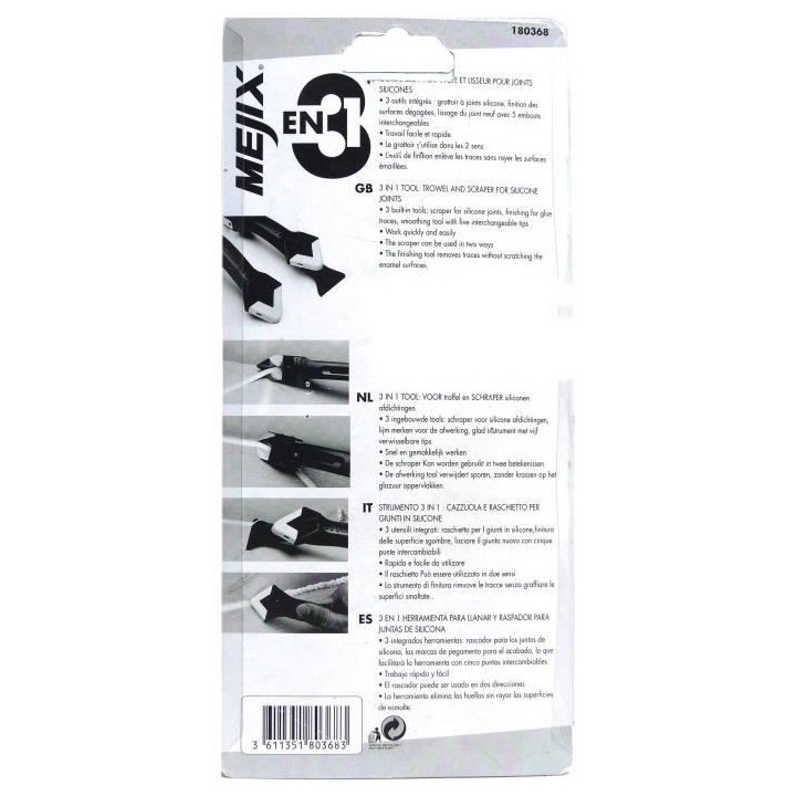 MEJIX Outil 3 en 1 pour joints silicone : grattoir ancien joint, finit