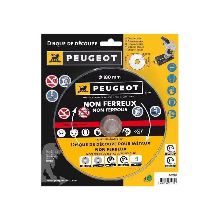 Disque a tronçonner diam. 180 mm - Métaux non fer PEUGEOT OUTILLAGE