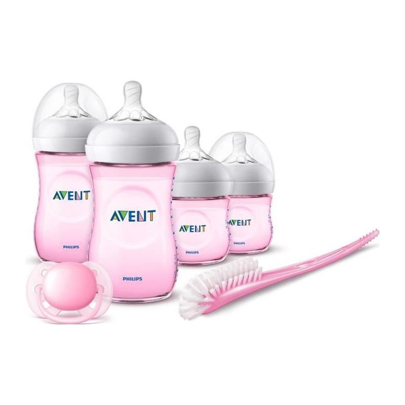 PHILIPS AVENT SCD301/03 Kit nouveau-né : Lot de 2 biberons 125ml + 2 biberons 260ml Natural + 1 goupillon + 1 sucette - Rose