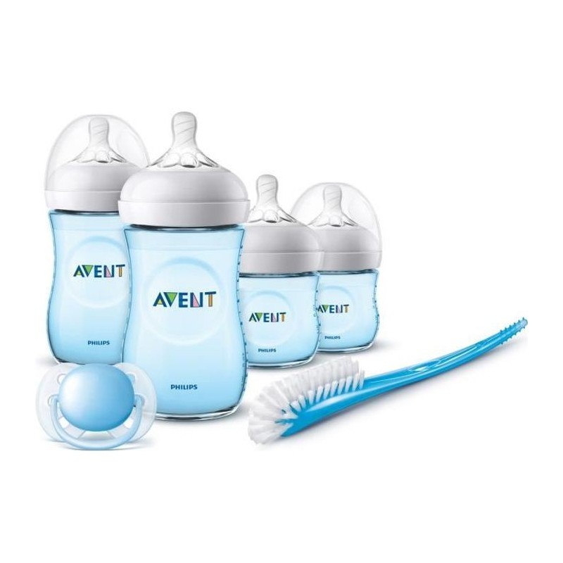 PHILIPS AVENT SCD301/04 Kit nouveau-né : Lot de 2 biberons 125ml + 2 biberons 260ml Natural + 1 goupillon + 1 sucette - Bleu