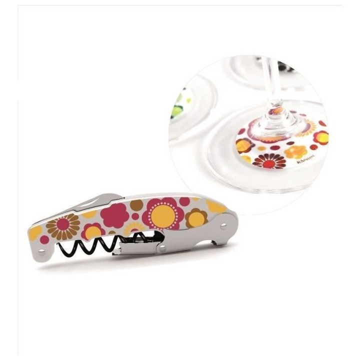 Kit smart fun et hippie - 1 tire-bouchon - 8 marque-verre assortis