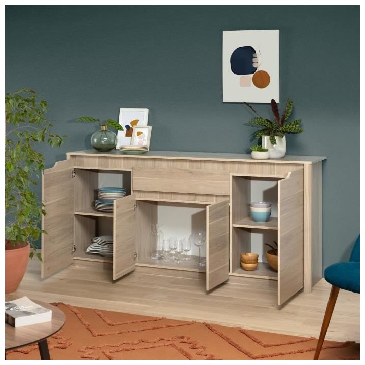 Buffet bas - Panneaux de particules - Décor chene dakota - 4 portes +