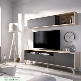 Meuble TV avec étagere murale - Décor chene et graphite - L 180 x P