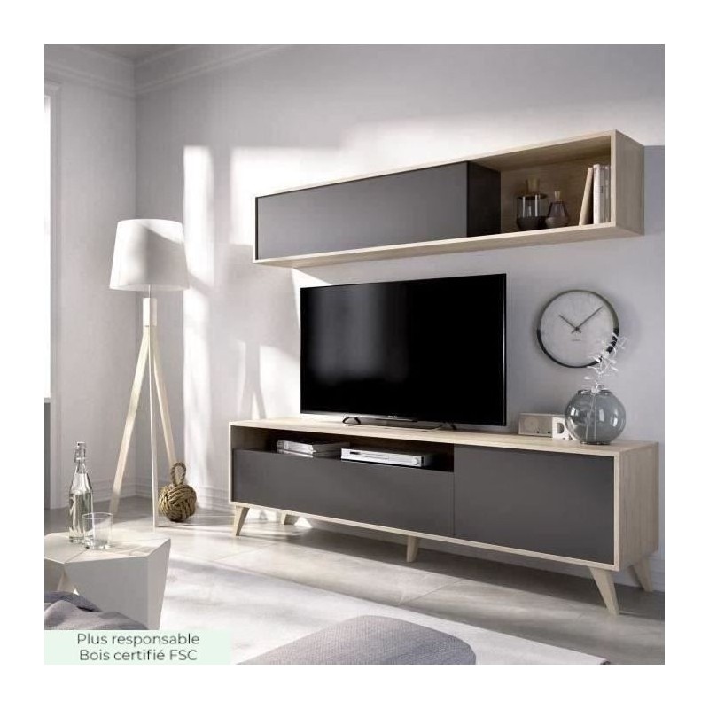 Meuble TV avec étagere murale - Décor chene et graphite - L 180 x P 41 x H 51 cm - BONN