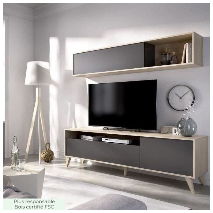 Meuble TV avec étagere murale - Décor chene et graphite - L 180 x P