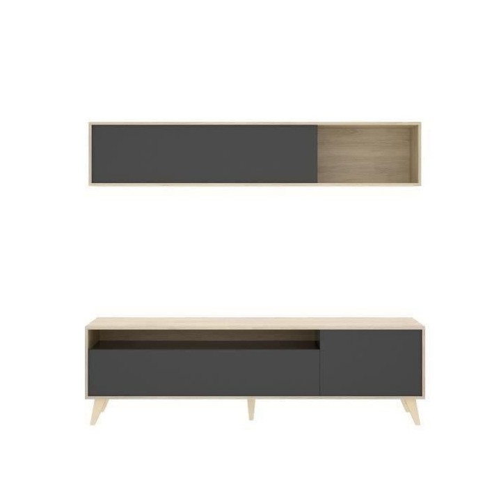 Meuble TV avec étagere murale - Décor chene et graphite - L 180 x P