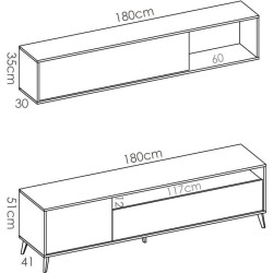 Meuble TV avec étagere murale - Décor chene et graphite - L 180 x P 41 x H 51 cm - BONN