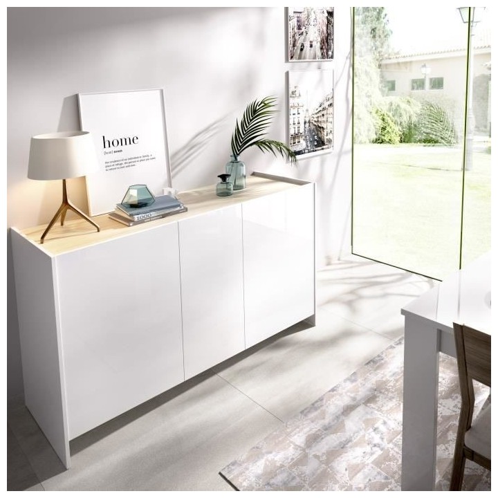 Buffet contemporain 3 portes- Décor chene et blanc - L 138 x P 42 x H