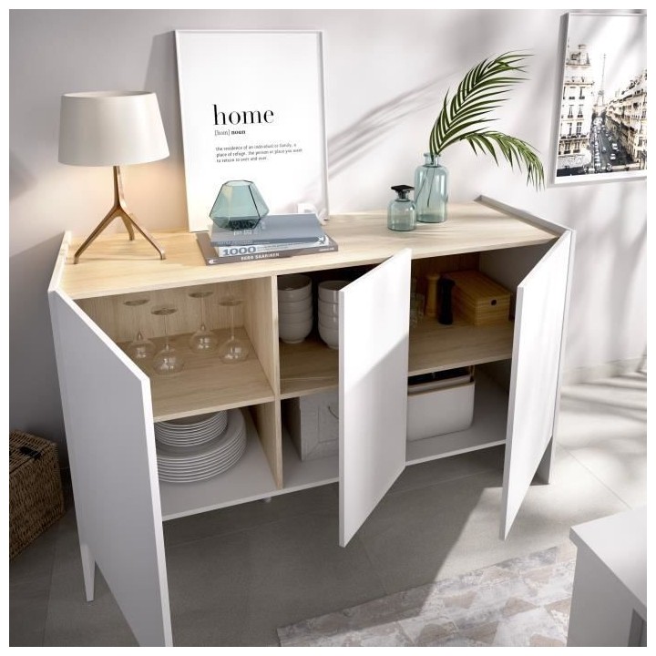 Buffet contemporain 3 portes- Décor chene et blanc - L 138 x P 42 x H