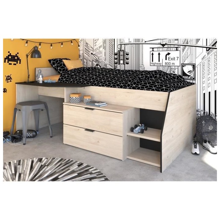 PARISOT Kim Lit Combiné enfant - Décor Chene Jackson et Noir - 90 x1