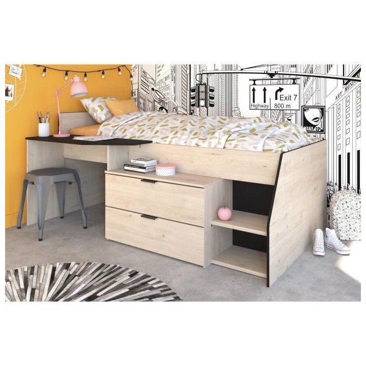 PARISOT Kim Lit Combiné enfant - Décor Chene Jackson et Noir - 90 x1