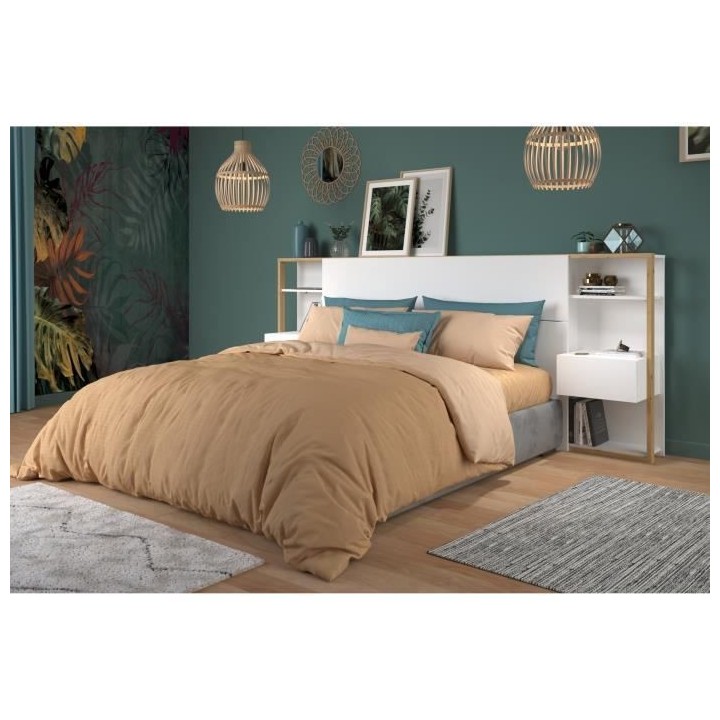 PARISOT Tete de Lit avec étageres + chevets - Décor chene artisan et